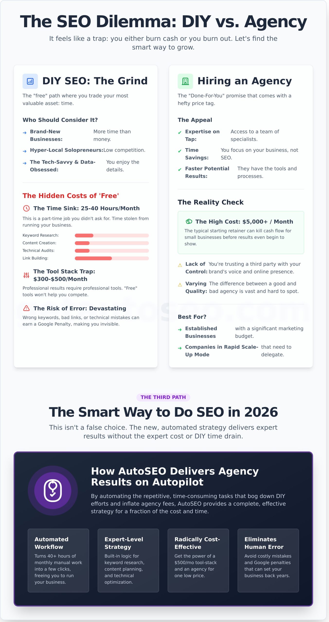 DIY SEO vs. Hiring an Agency: The Brutal Truth for Small Businesses - Infographic