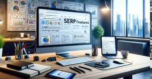 A computer screen displays a search engine results page (SERP) with featured snippets, knowledge panels, and rich results, set in a modern and tech-savvy office environment