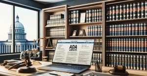 A law library with ADA lawsuits article open on a laptop with the whitehouse visible through the window