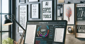 AI Copywriting tools poster above a computer screen where copy content is being created
