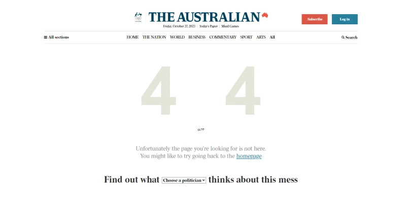 Best News 404 Page Design Screenshot by the Australian Newspaper