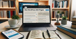 Best WordPress SEO Plugins blog post open on a computer during work
