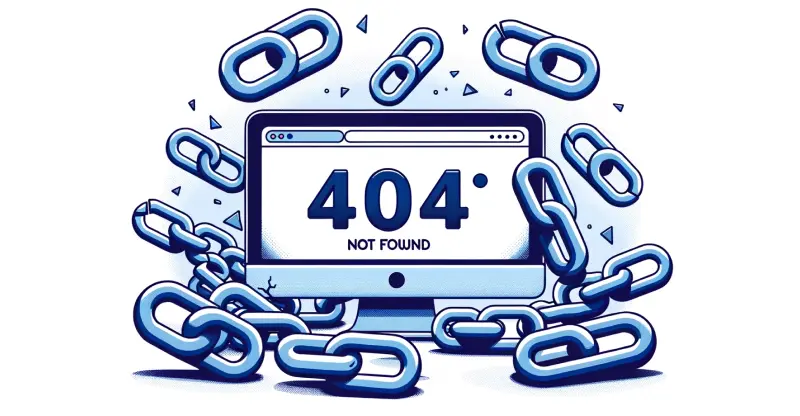 Broken Backlinks demonstrated with broken chain links surrounding a website producing a 404