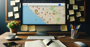 ChatGPT Prompts for Local SEO being written in a notebook with Google Maps Open on a computer