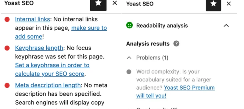 Combined screenshot showing an example of Yoast's traffic light SEO system