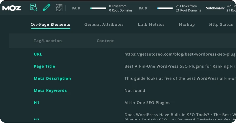 Mozbar SEO Chrome extensions , showing in-page SEO elements like Meta descriptions and domain authority.