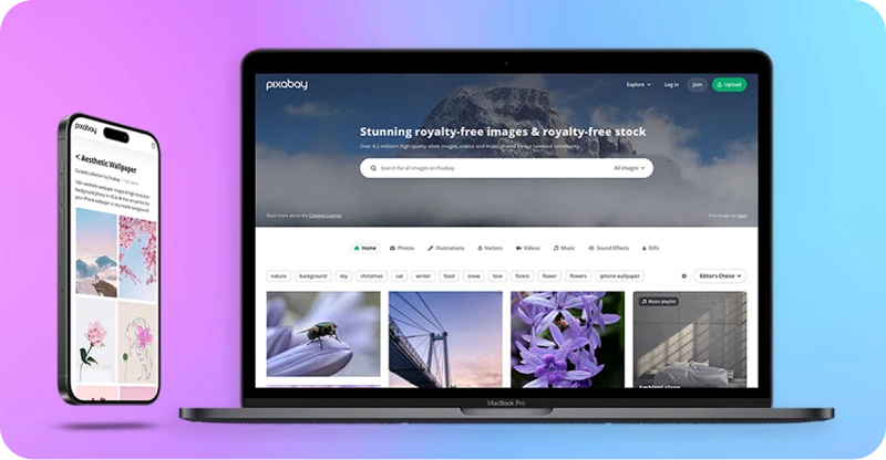 The pixabay website open on a phone and a laptop with a purple background