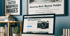 WordPress WebP Image Optimization article open on a website with a faster wordpress image poster on the wall