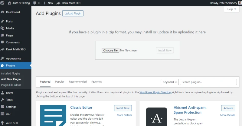 WordPress screenshot of manually adding a new plugin