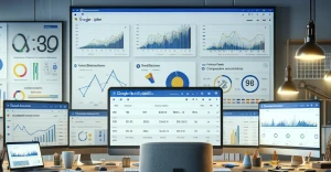 a data analyst's office, focused on Google Analytics metrics