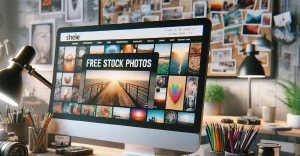 a digital content creator's desk, focusing on the theme of free stock photos