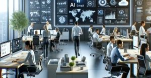 a future representation of an office full of employees using AI marketing tools on their computers