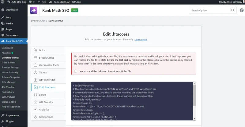 screenshot of editing the htaccess file using RankMath