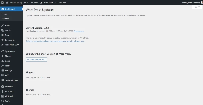 screenshot of the WordPress Updates dashboard area with no required updates
