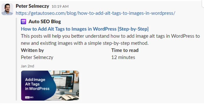 social preview generated by opengrap tags of on an Auto SEO blog article being shared on Slack