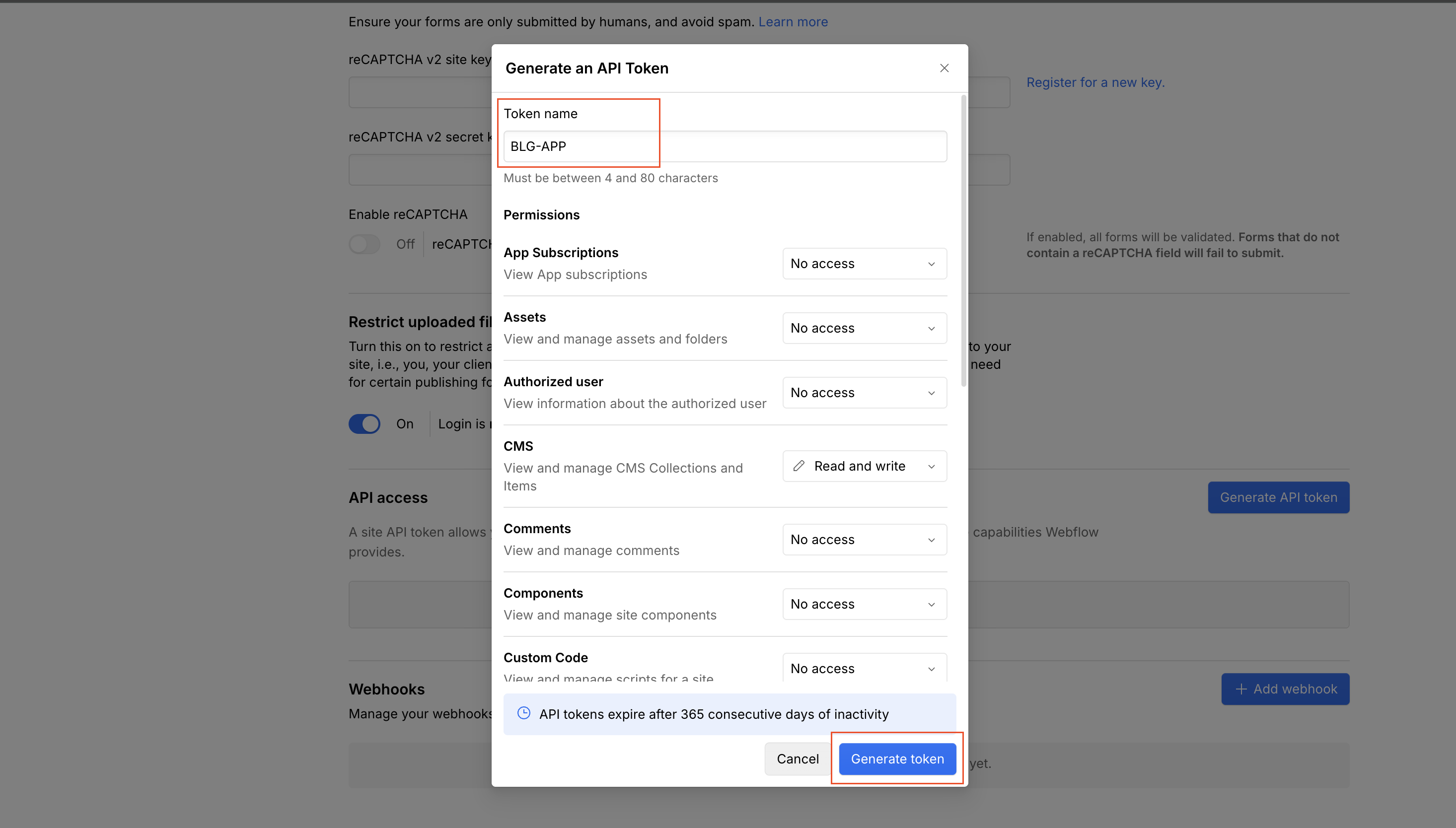 Step 6: Name token and click Generate token