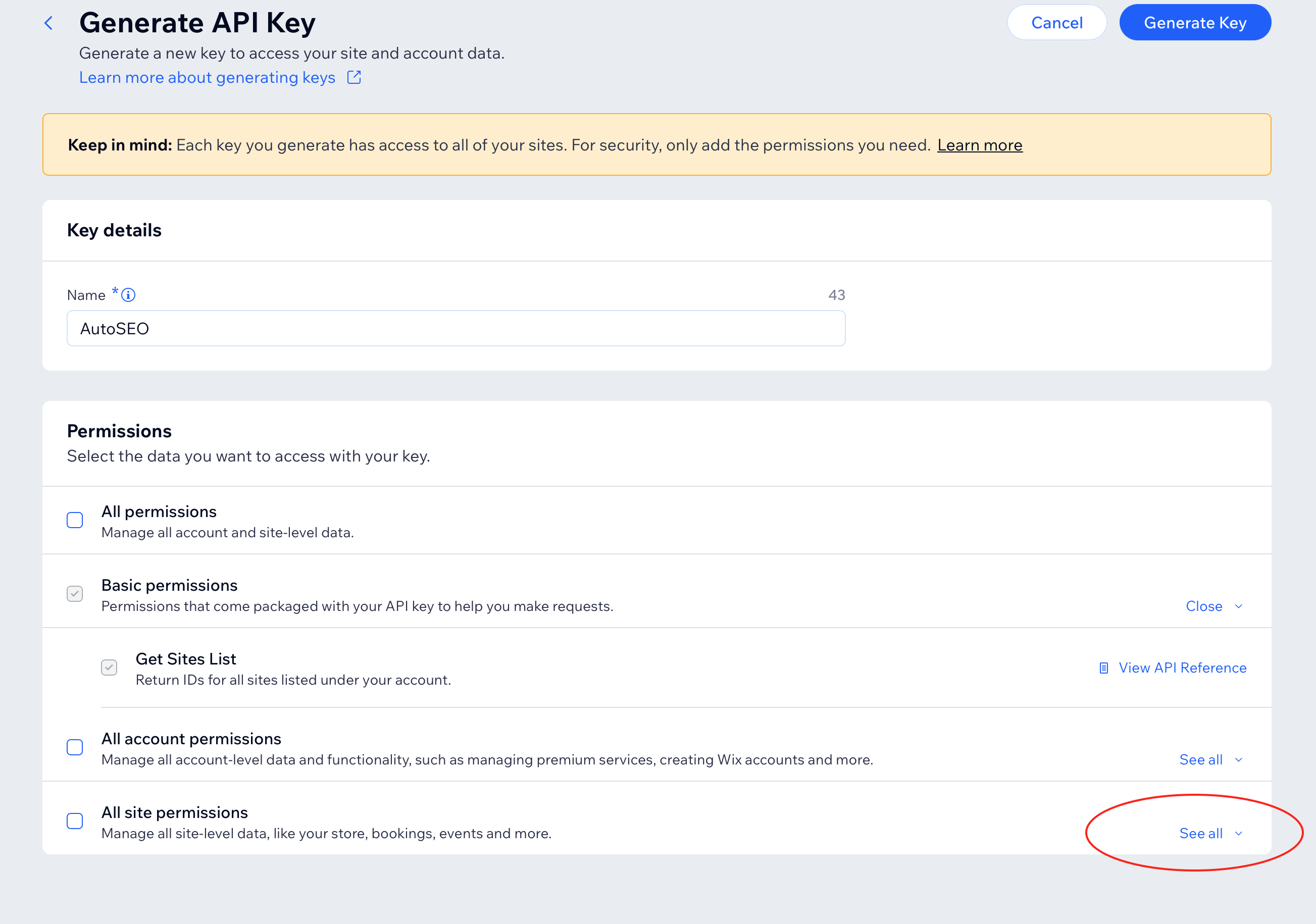 Step 5: Name key AutoSEO and expand All site permissions