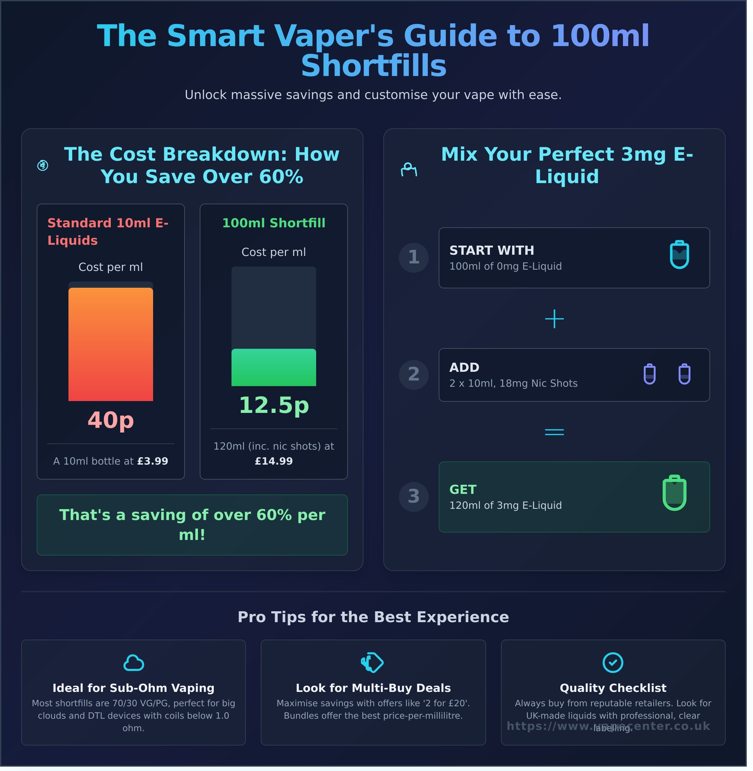 Cheap 100ml shortfill e-liquid infographic - visual guide