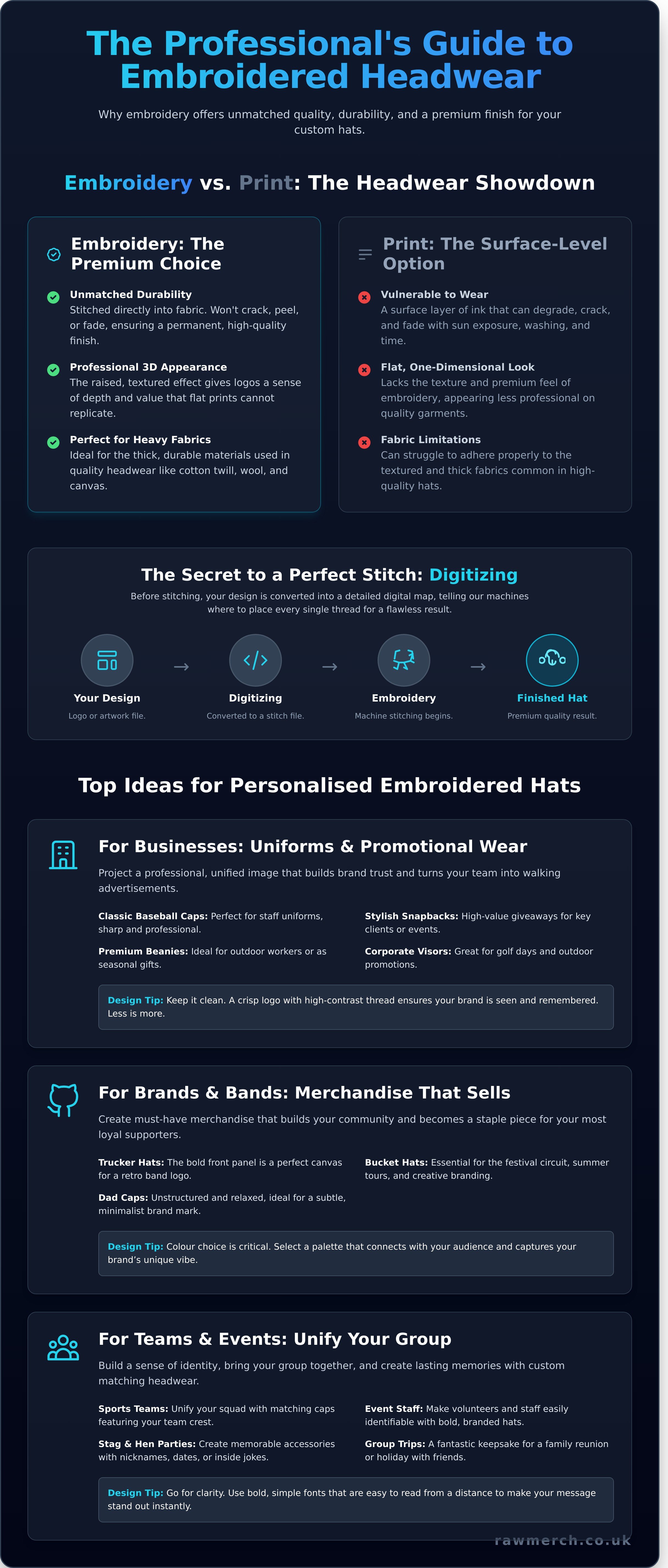 Personalized embroidered hats infographic - visual guide