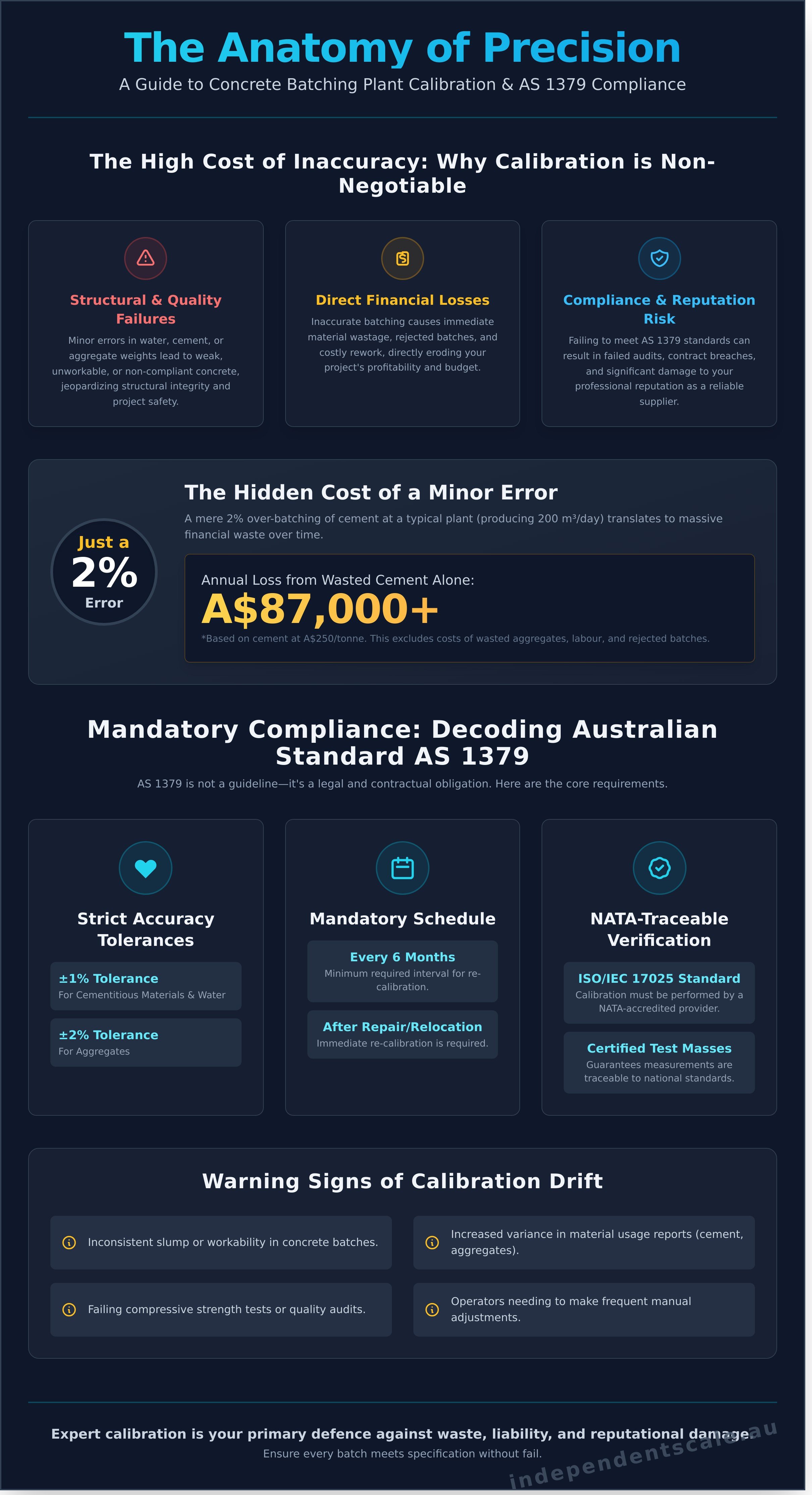Concrete batching plant calibration infographic - visual guide