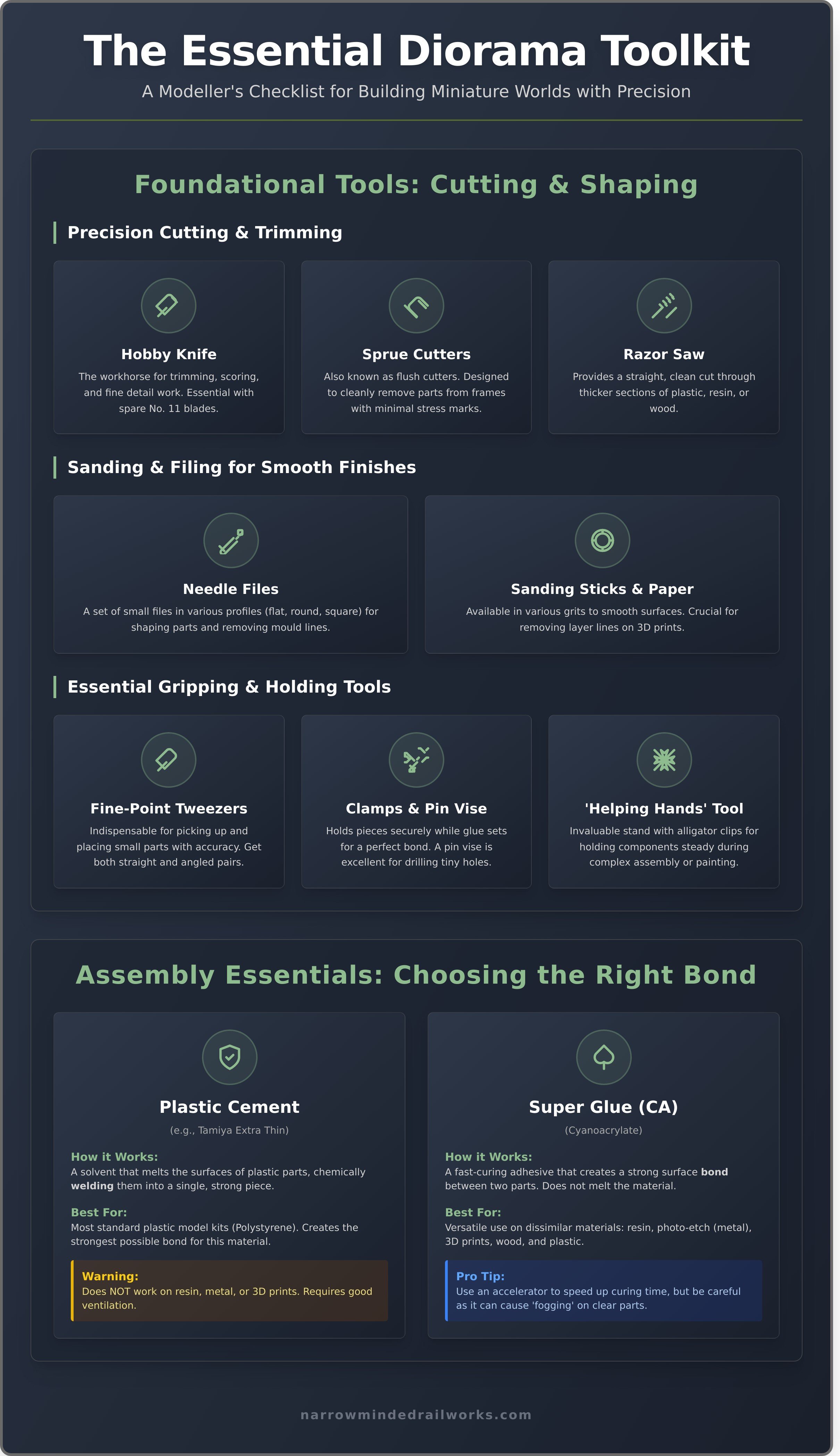 Diorama tools and scenery infographic - visual guide