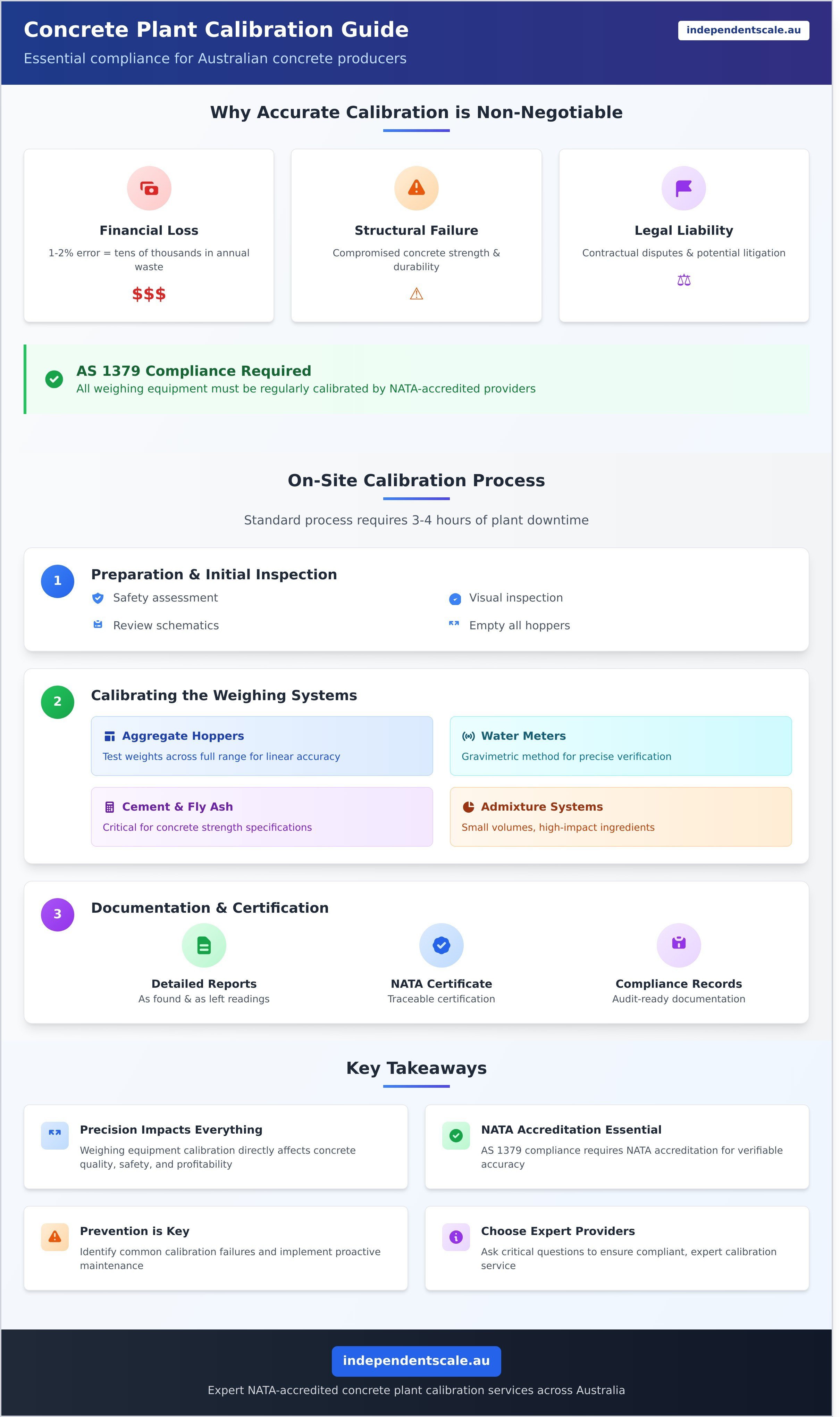 Concrete plant calibration service infographic - visual guide
