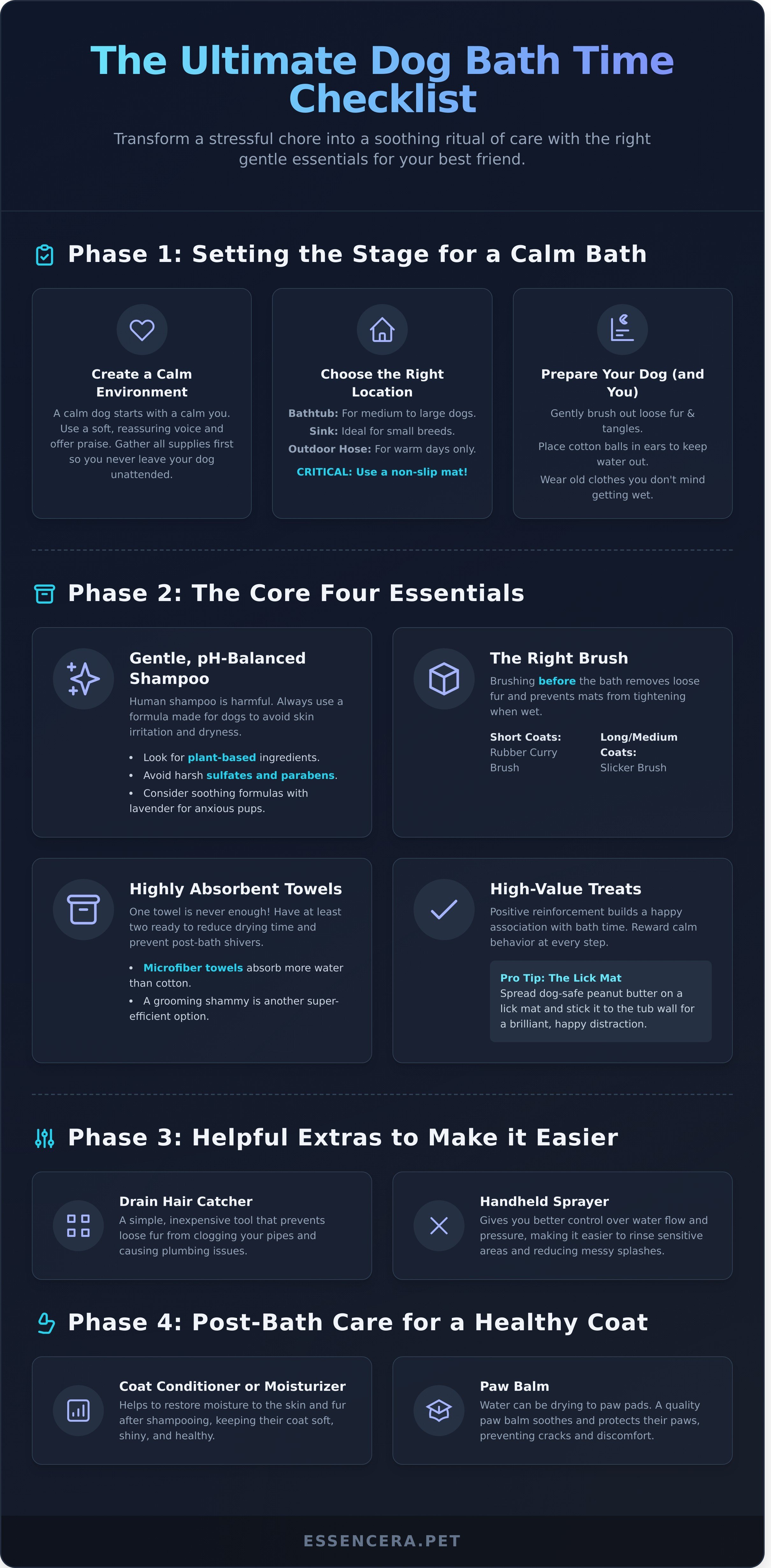 Dog bathing supplies infographic - visual guide