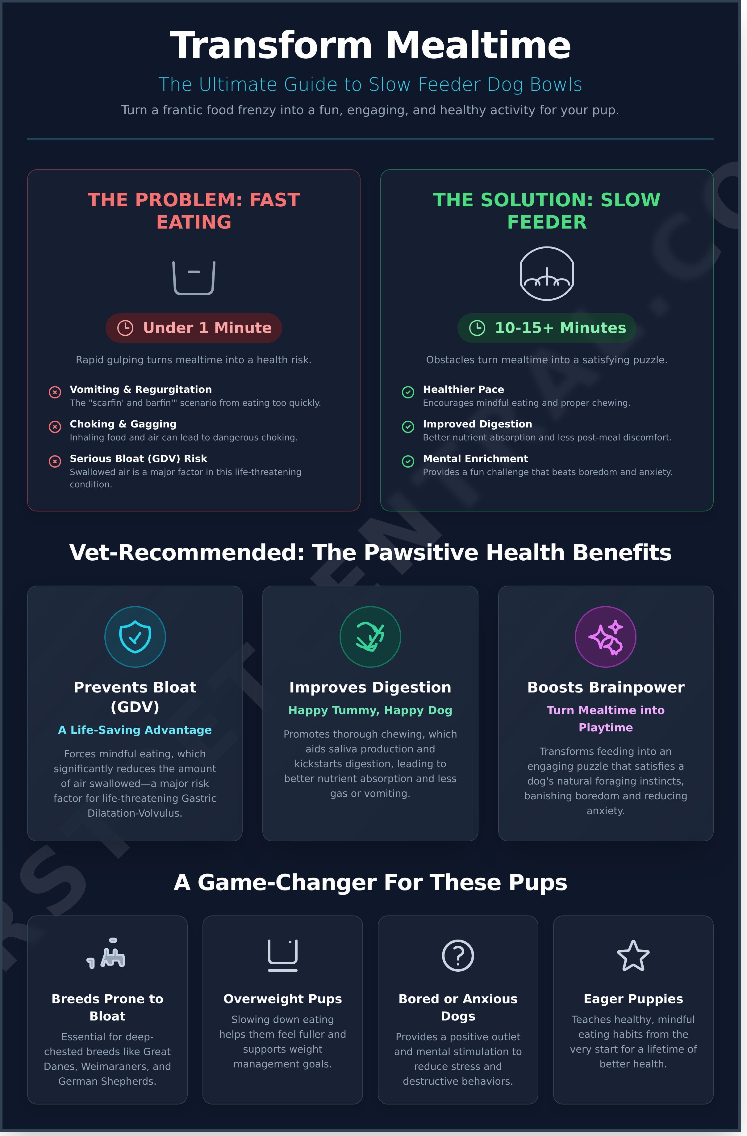 Slow feeder dog bowl infographic - visual guide