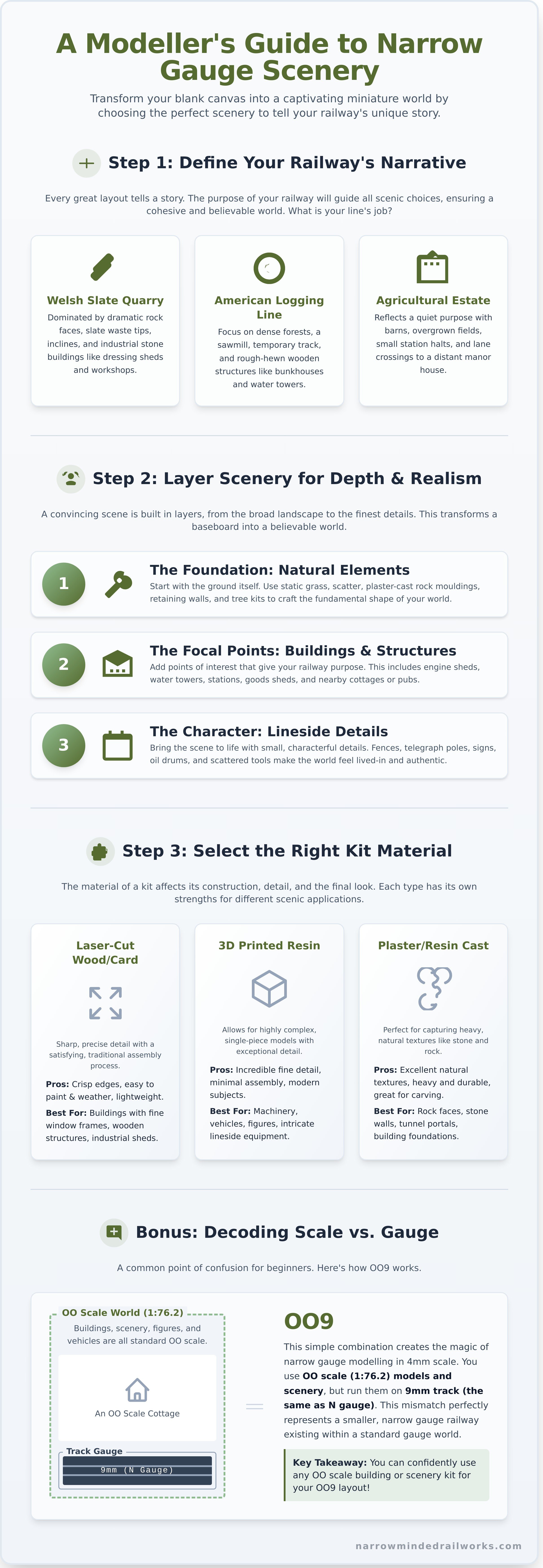Narrow gauge scenery kits infographic - visual guide