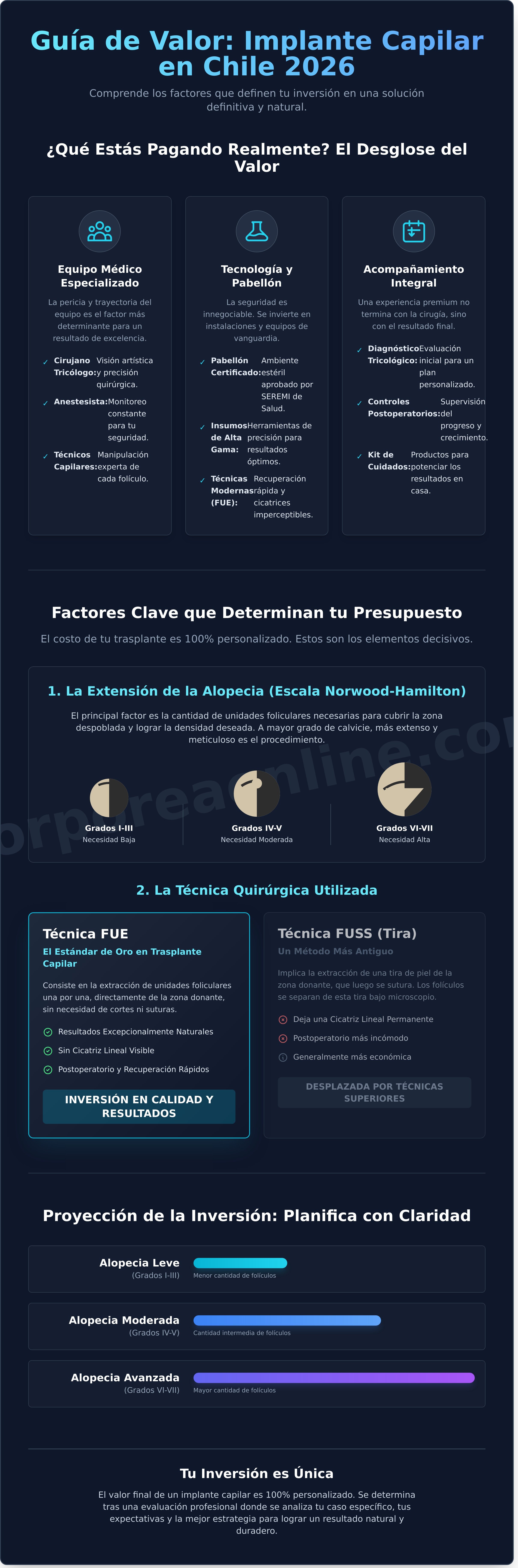 Valor implante capilar chile infographic - visual guide