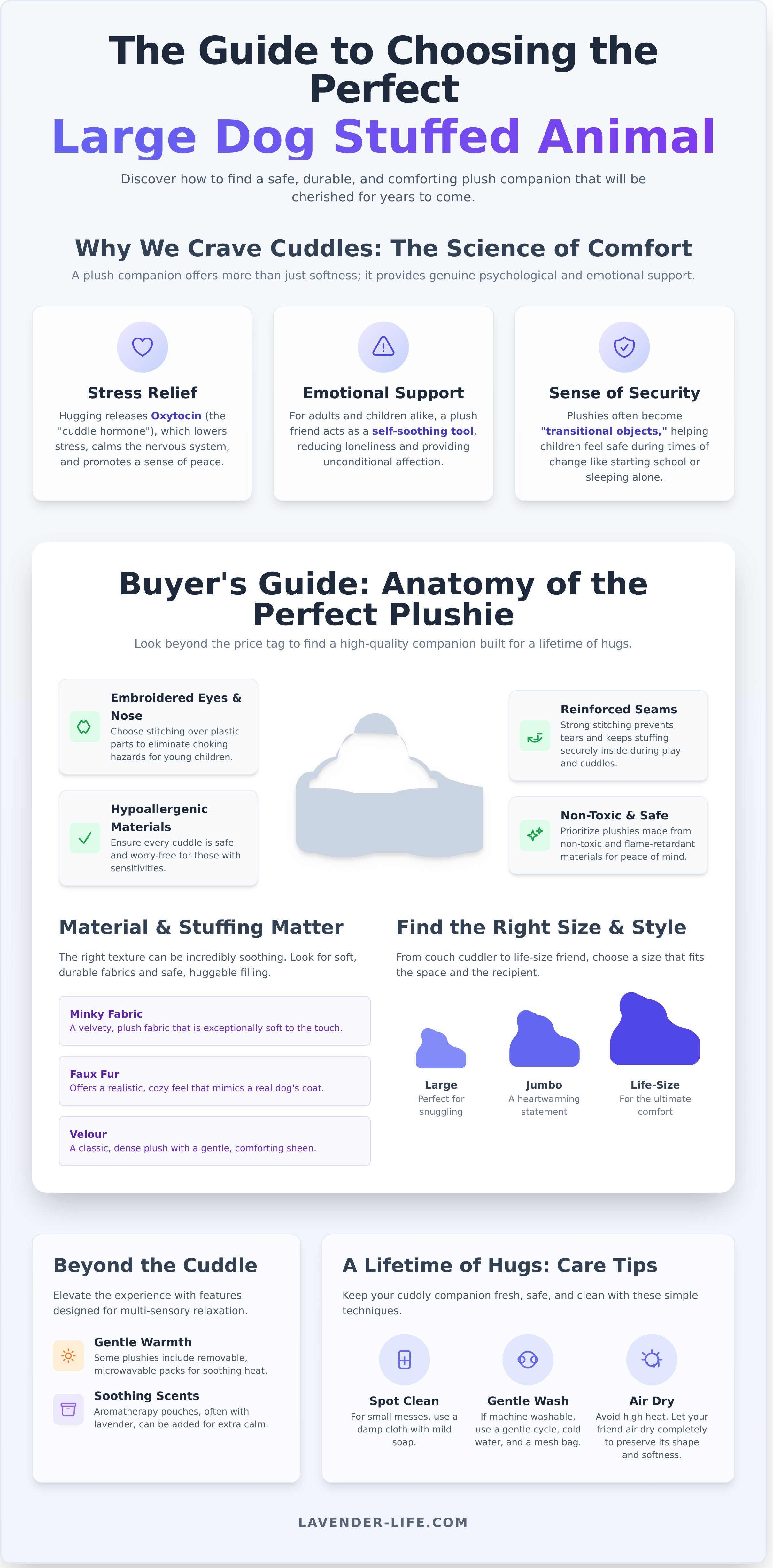 Large dog stuffed animal infographic - visual guide