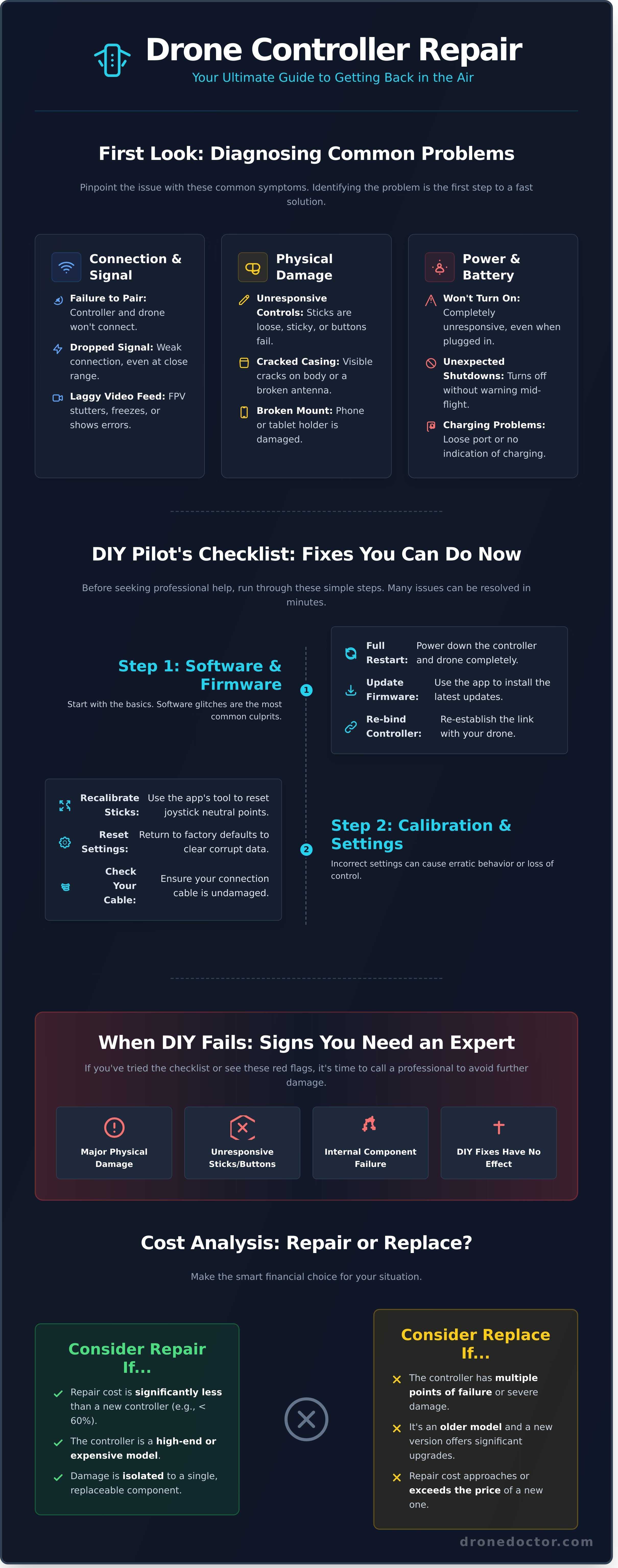 Drone controller repair infographic - visual guide