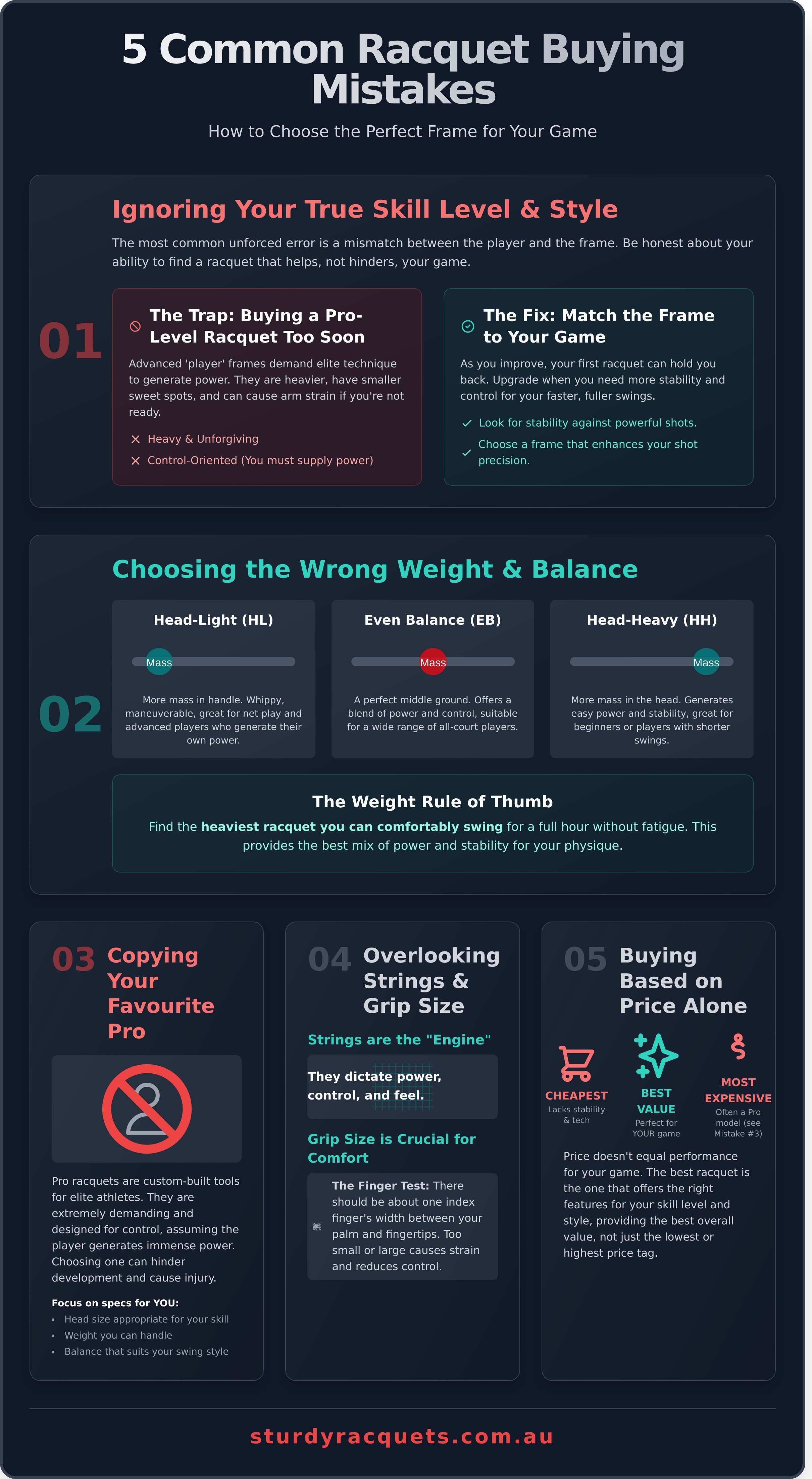 Common mistakes when buying a tennis racquet infographic - visual guide