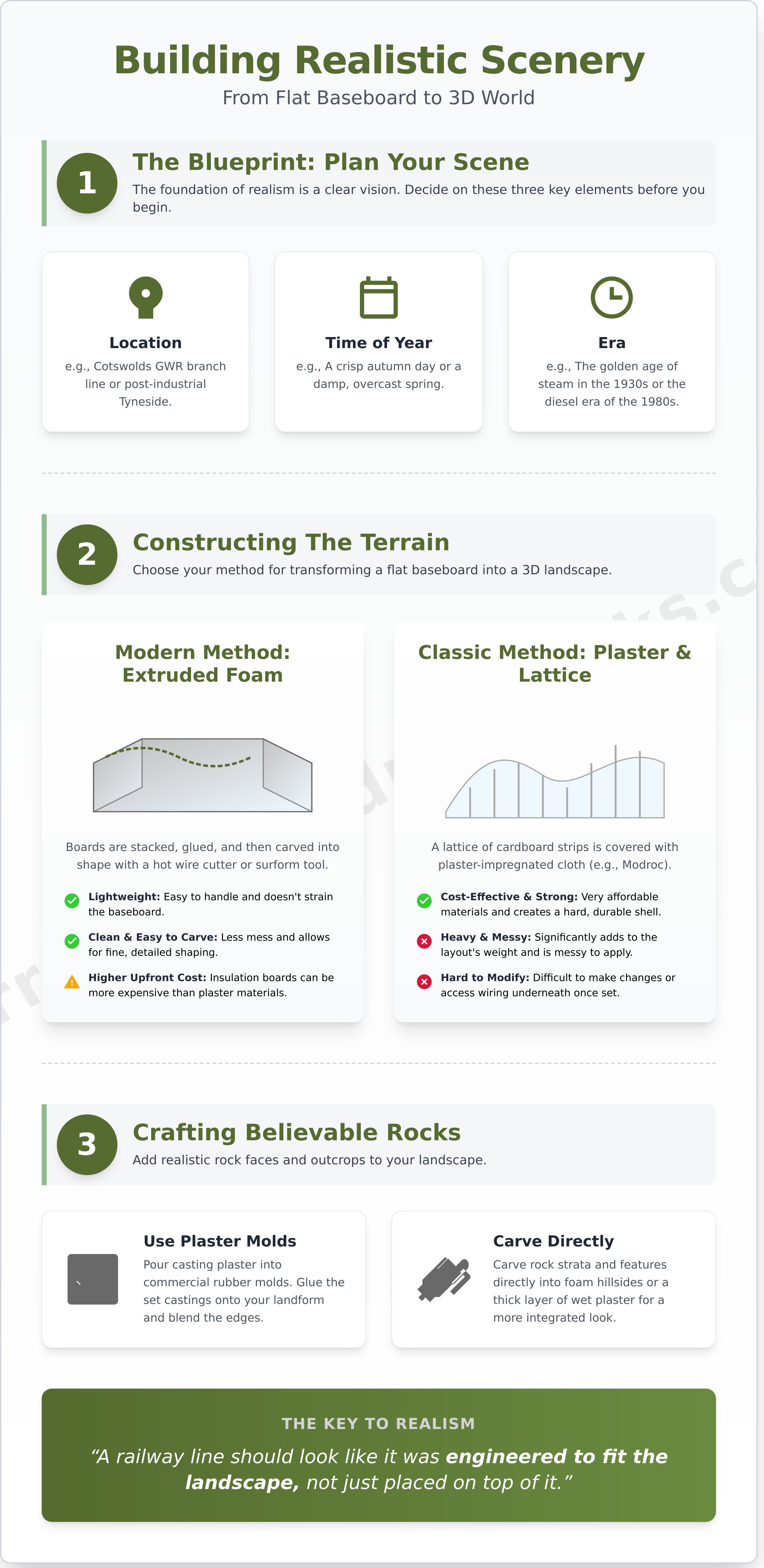 Realistic model railway scenery infographic - visual guide