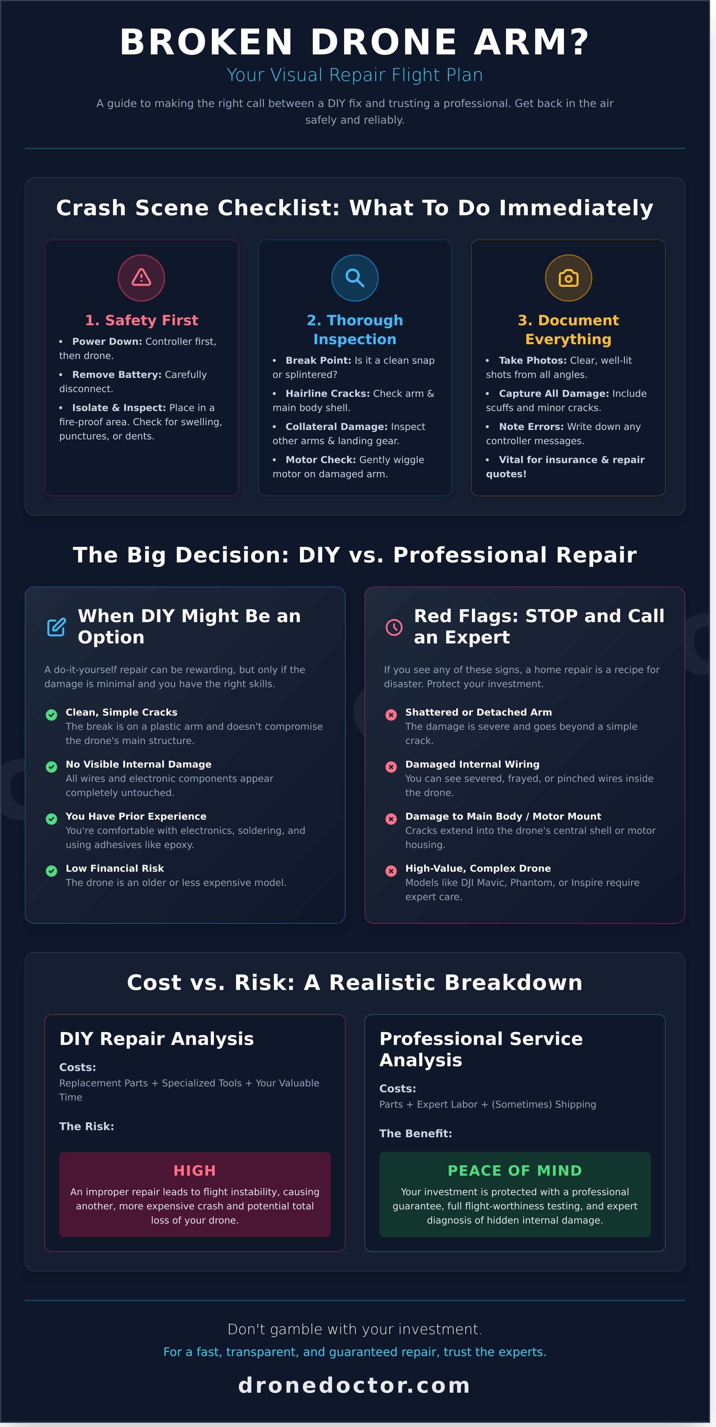 Broken drone arm repair infographic - visual guide