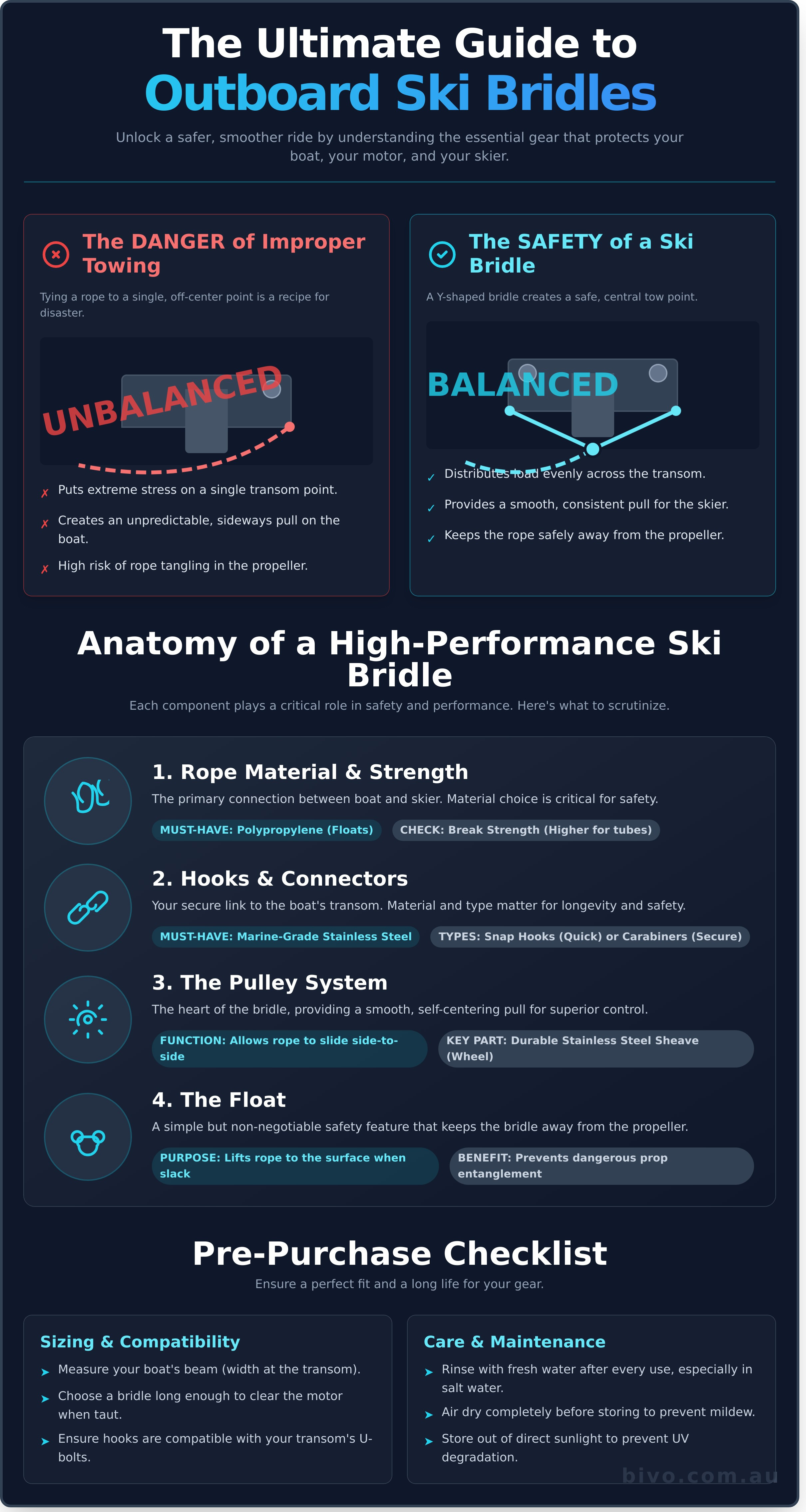 Outboard motor water ski bridle infographic - visual guide