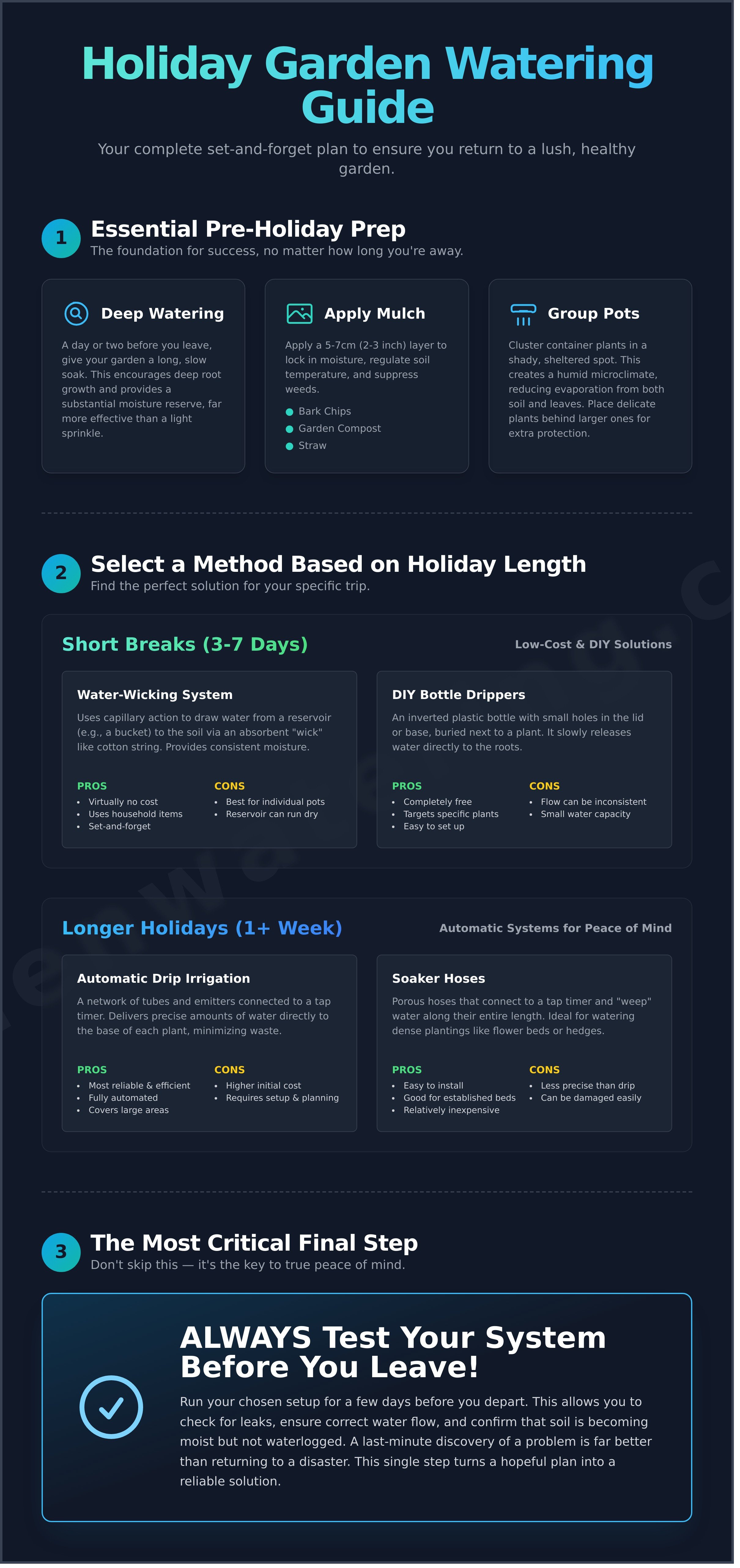 Garden watering solutions for holidays infographic - visual guide