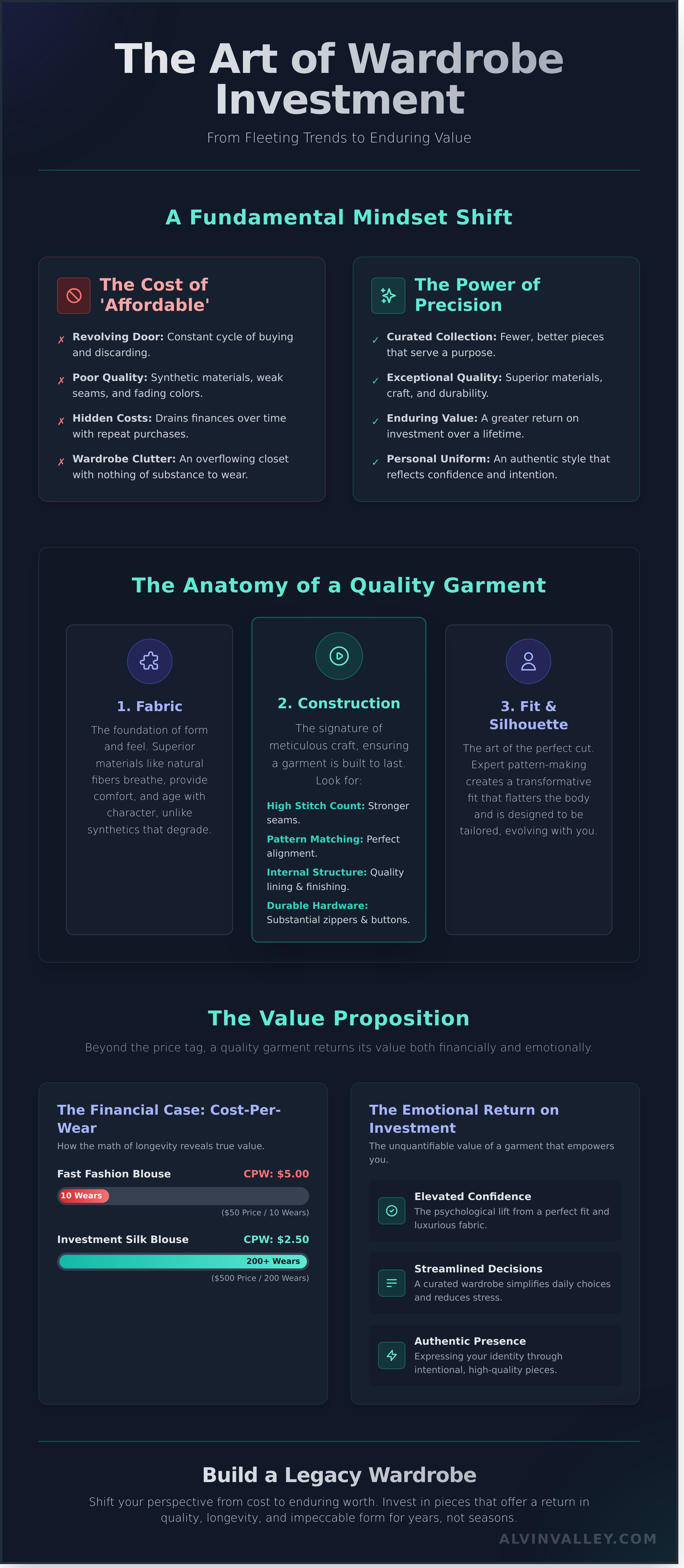 **Investment & Justification (Emotional/Financial):** Helping users understand the value, quality, and long-term benefit of luxury apparel. infographic - visual guide