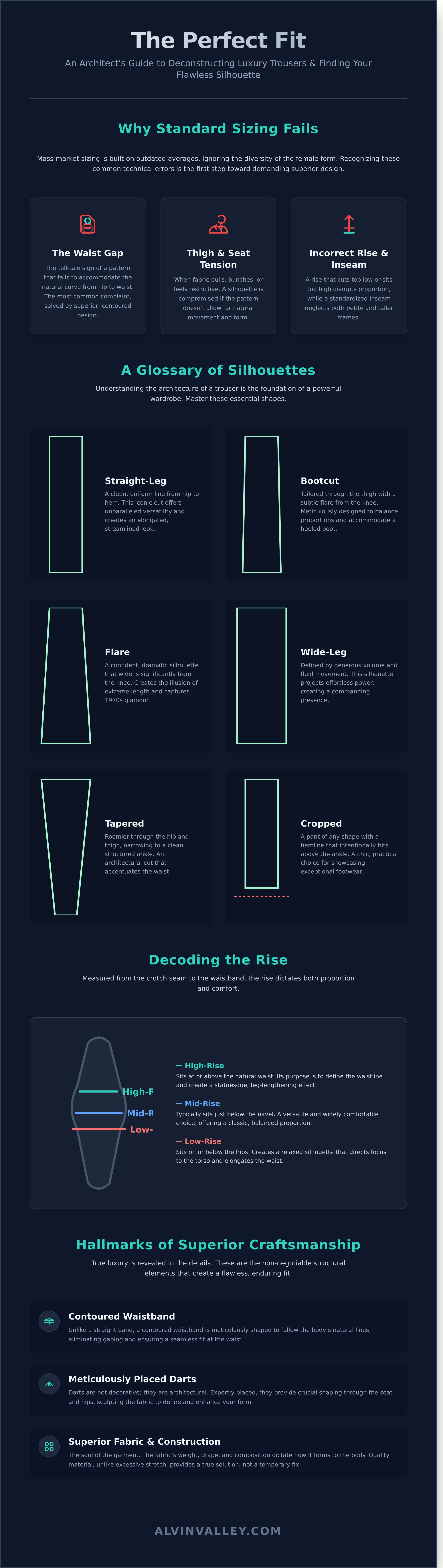 **The Perfect Fit (Pain Mitigation):** Addressing the struggle of finding well-fitting luxury trousers and jeans for various body types. infographic - visual guide