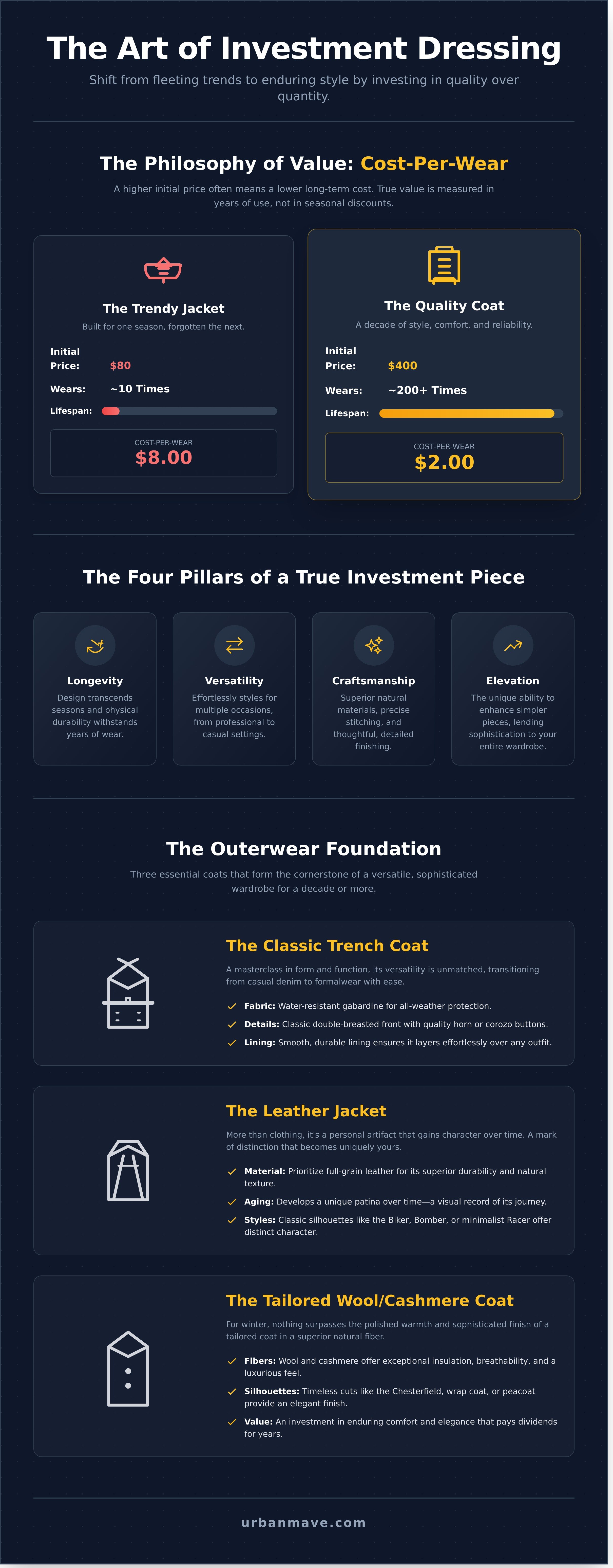 Timeless fashion pieces worth investing in infographic - visual guide