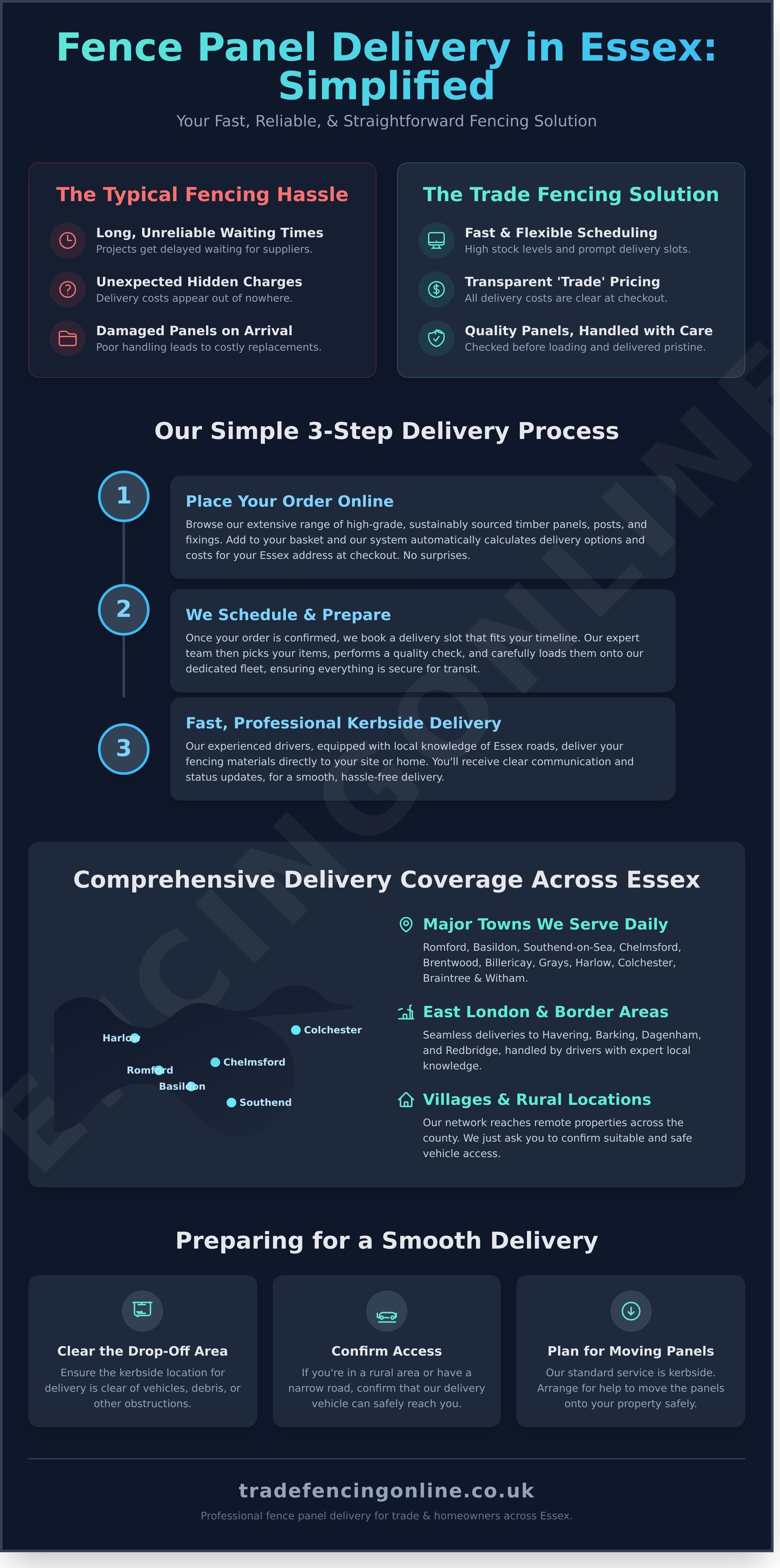 Fence panel delivery essex infographic - visual guide