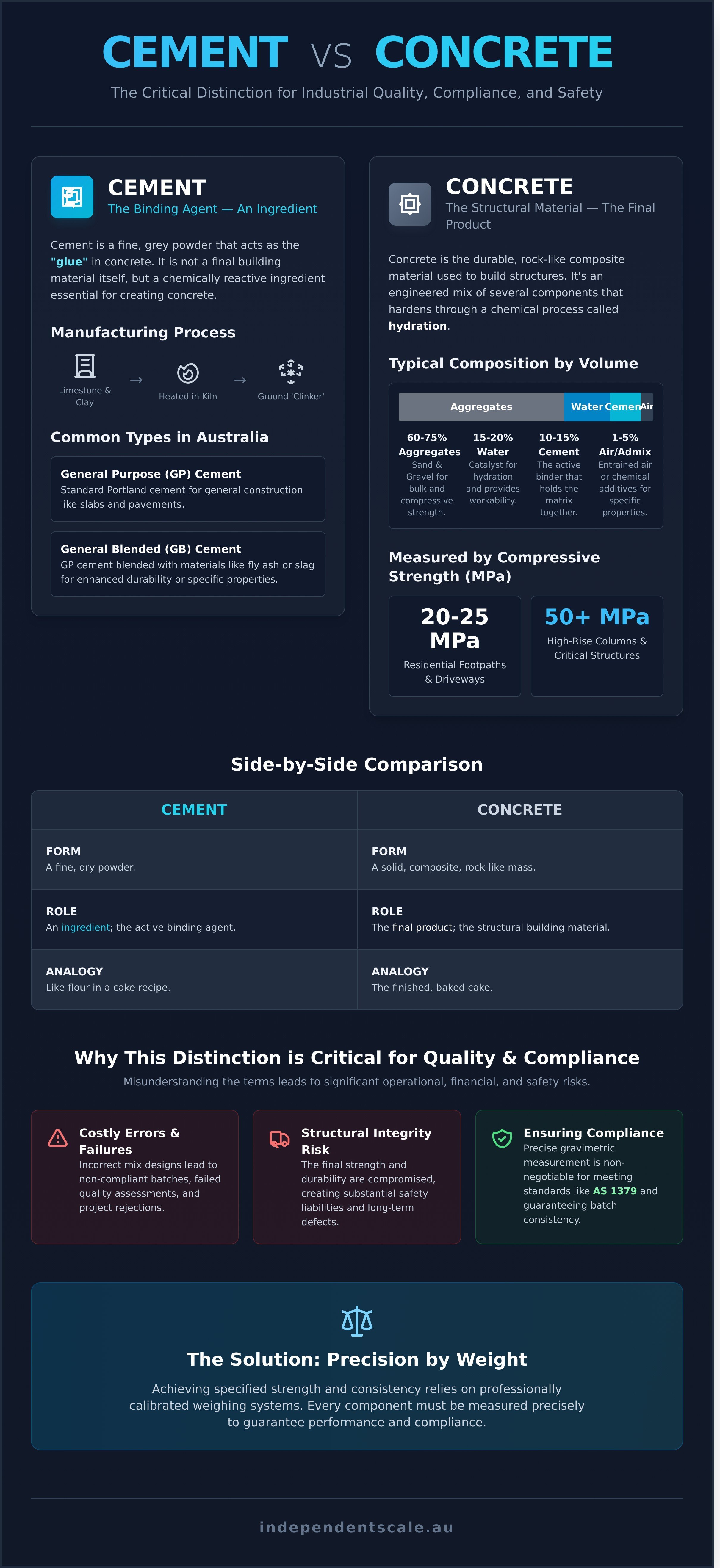 Cement vs concrete infographic - visual guide