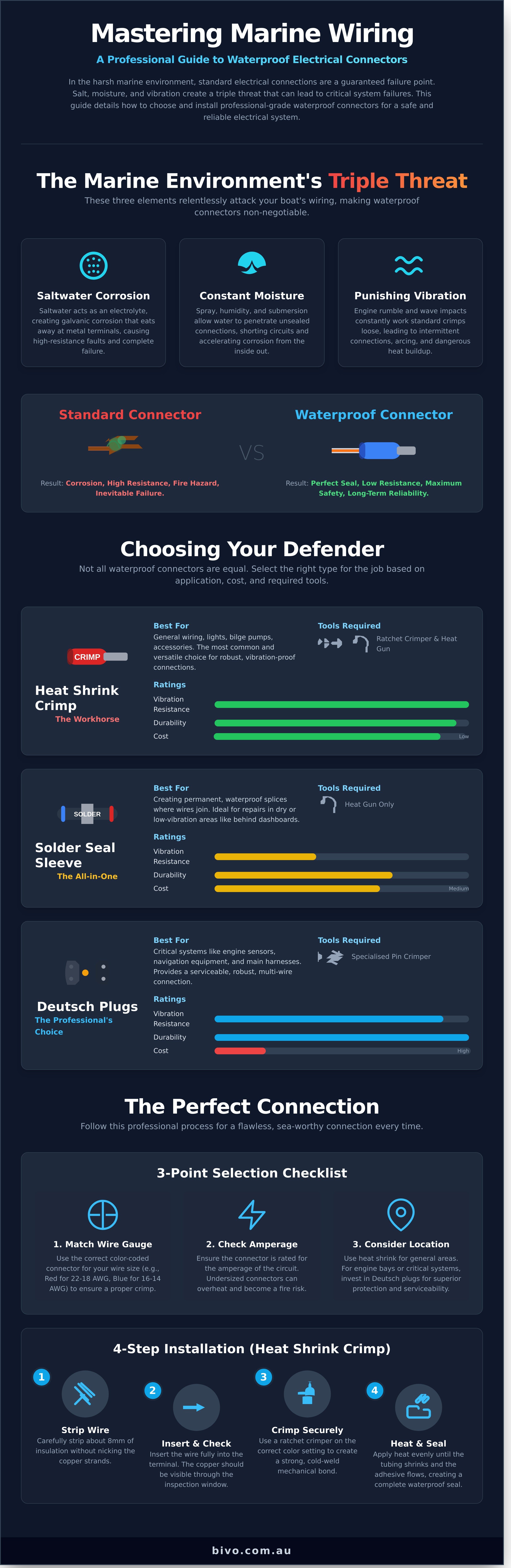 Waterproof electrical connectors for boats infographic - visual guide