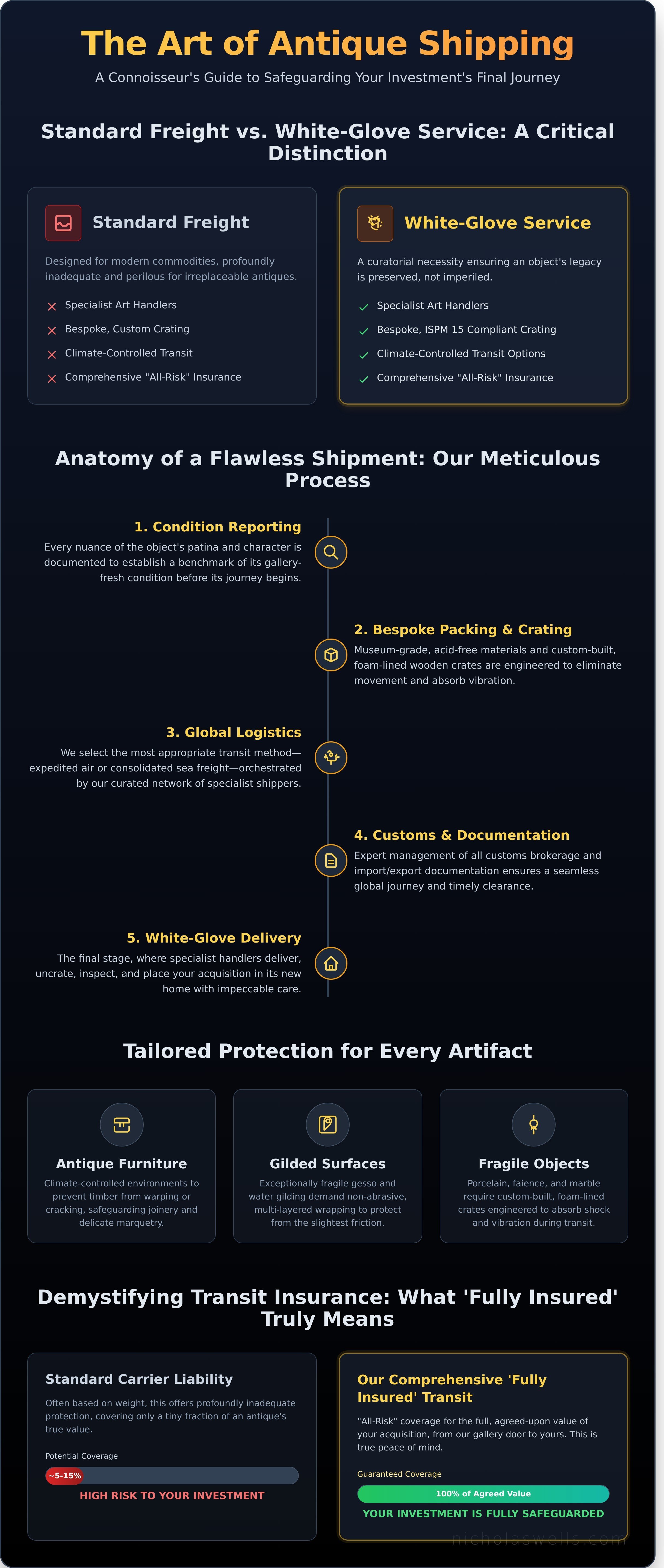 Worldwide insured antique shipping infographic - visual guide