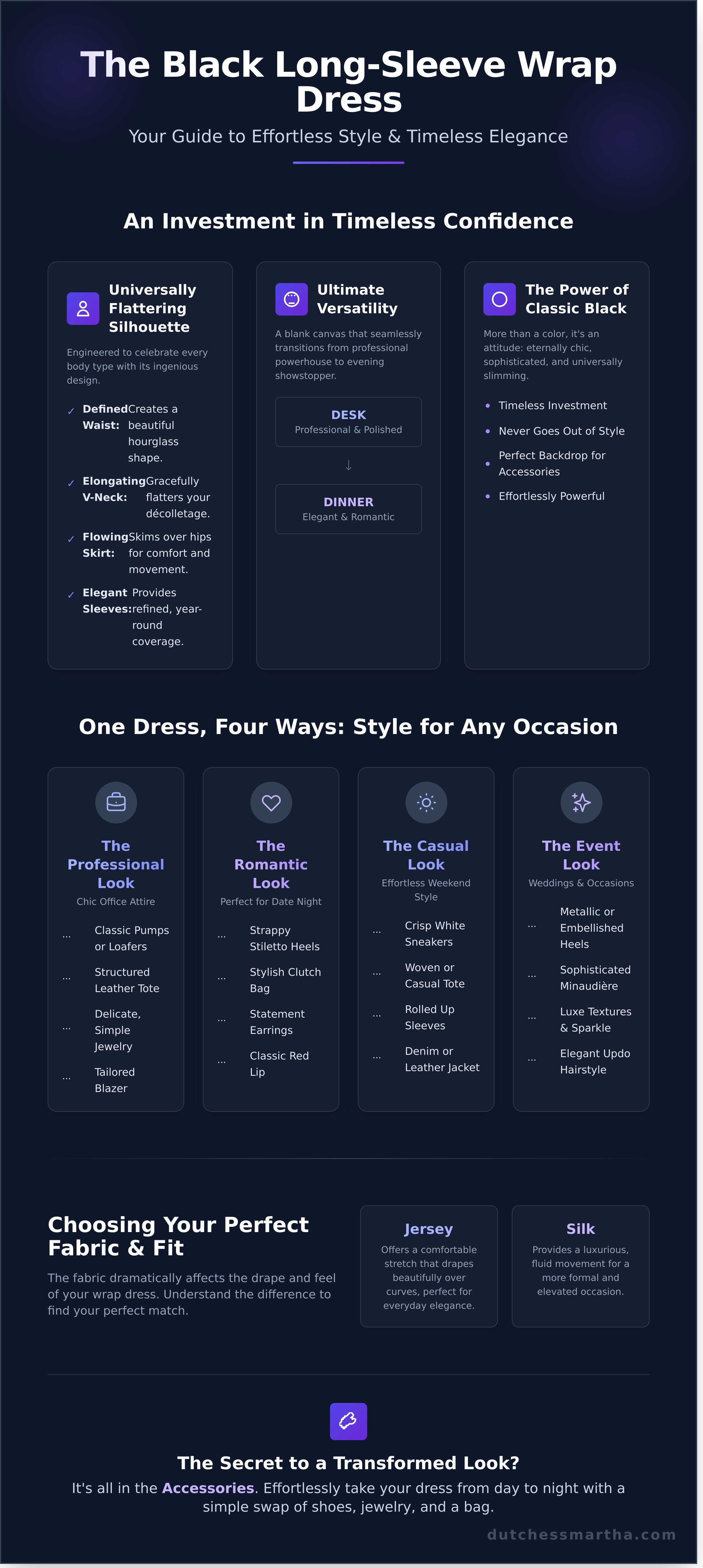 Black wrap dress long sleeve infographic - visual guide