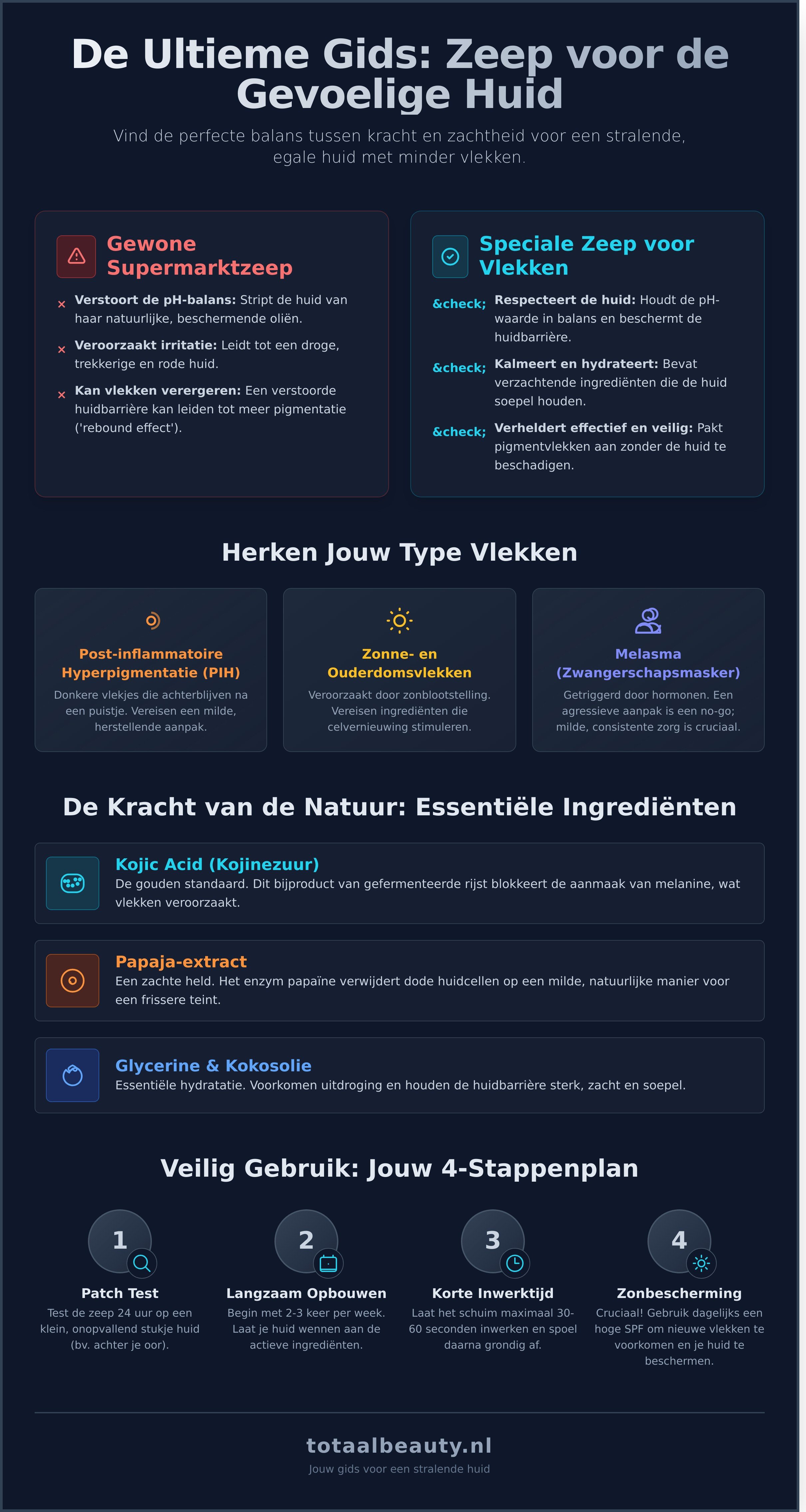 Zeep voor gevoelige huid met vlekken infographic - visual guide