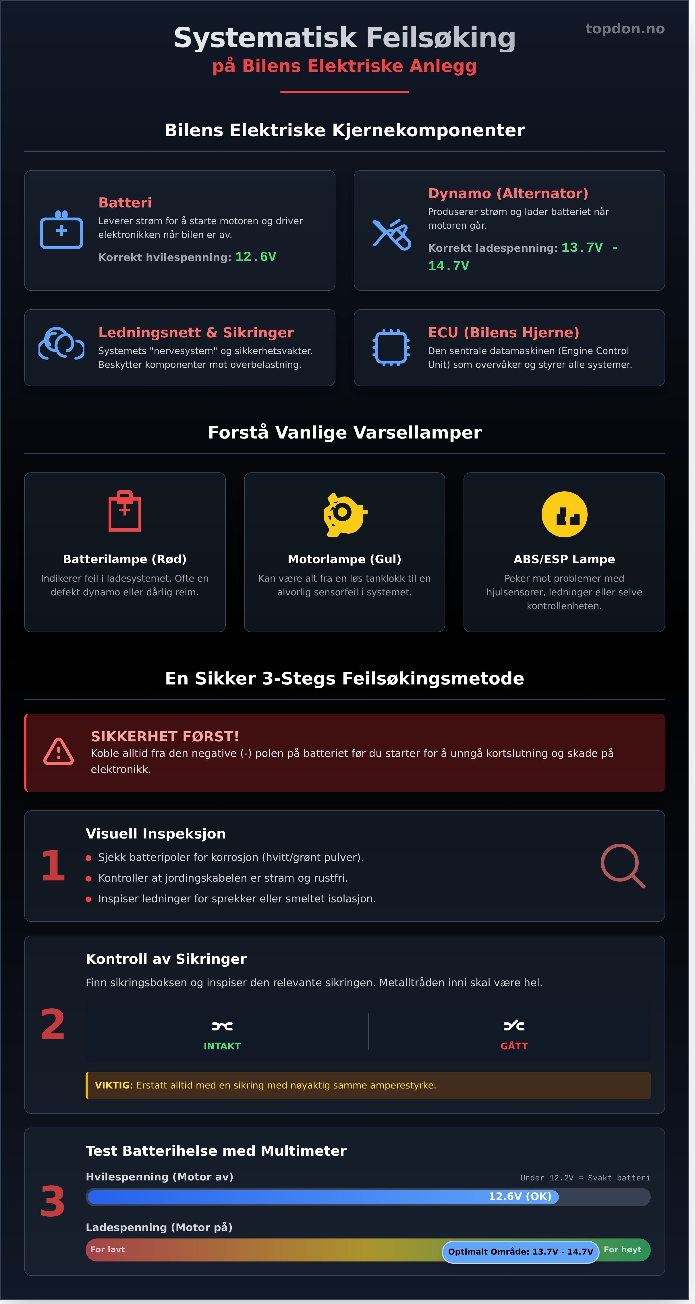 Feilsøking bil elektrisk anlegg infographic - visual guide