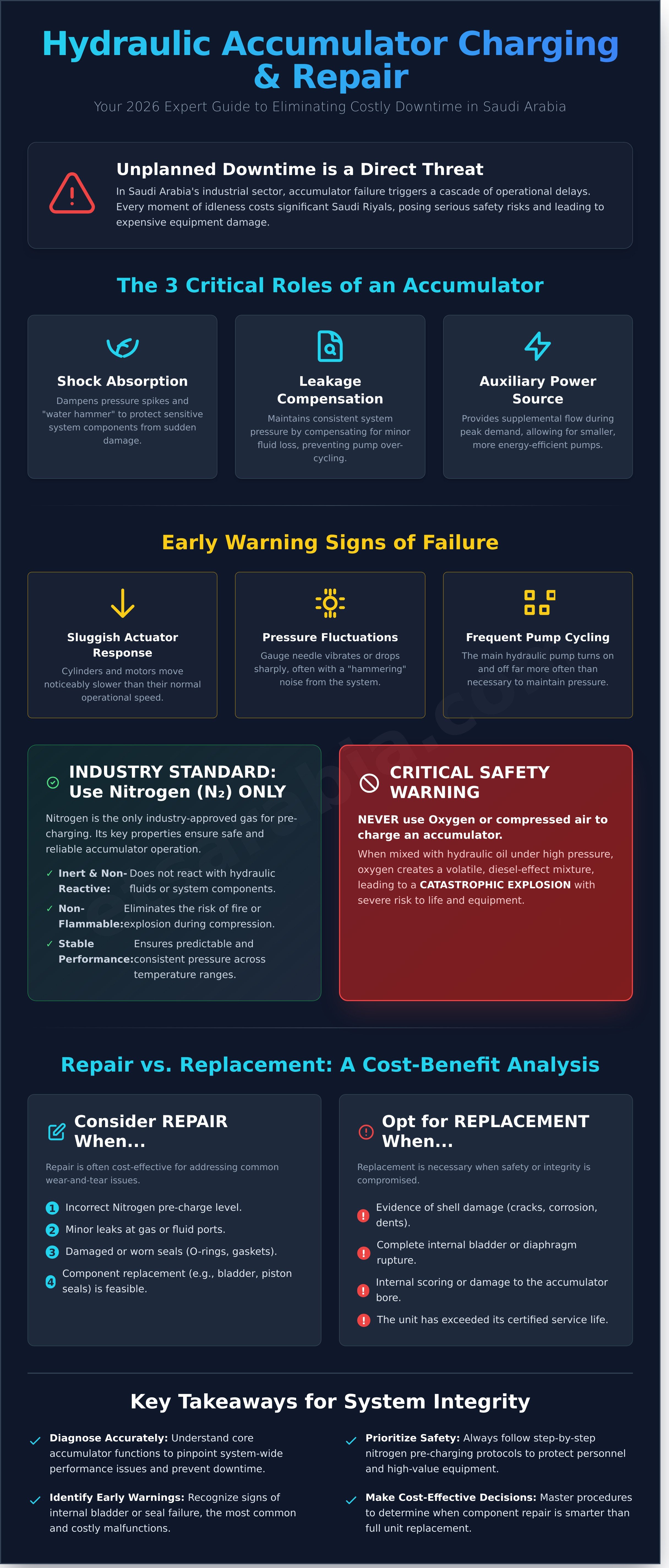 Hydraulic accumulator charging and repair
