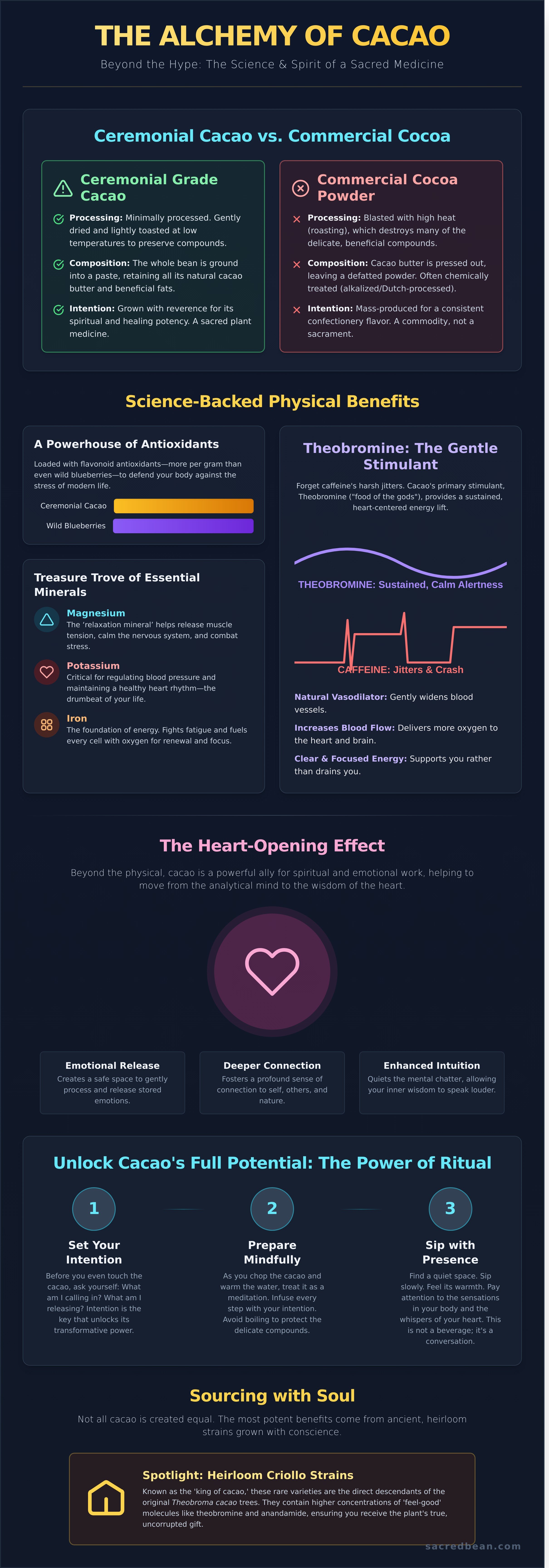 Ceremonial grade cacao benefits infographic - visual guide