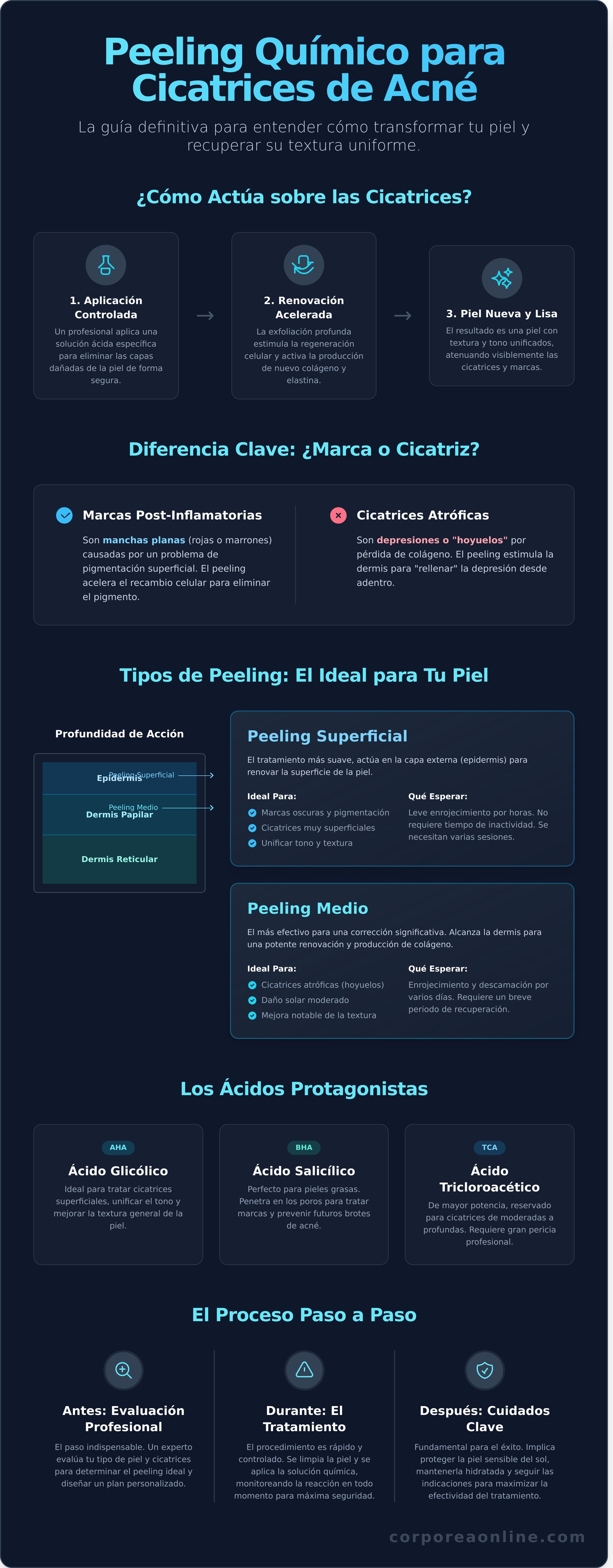 Peeling químico para cicatrices de acné infographic - visual guide
